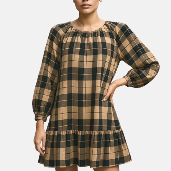 2X AVA & VIV Cotton Blend Plaid Babydoll Tiered Midi Dress with Side Pockets - Picture 1 of 5